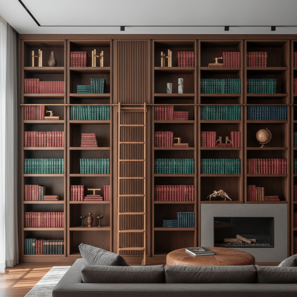Luxurious floor-to-ceiling bookshelf with integrated walnut folding ladder and leather books.