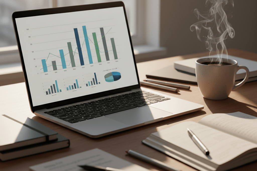 Close-up of a stylish desk with laptop, notebooks, and coffee under natural light, symbolizing strategic decision-making
