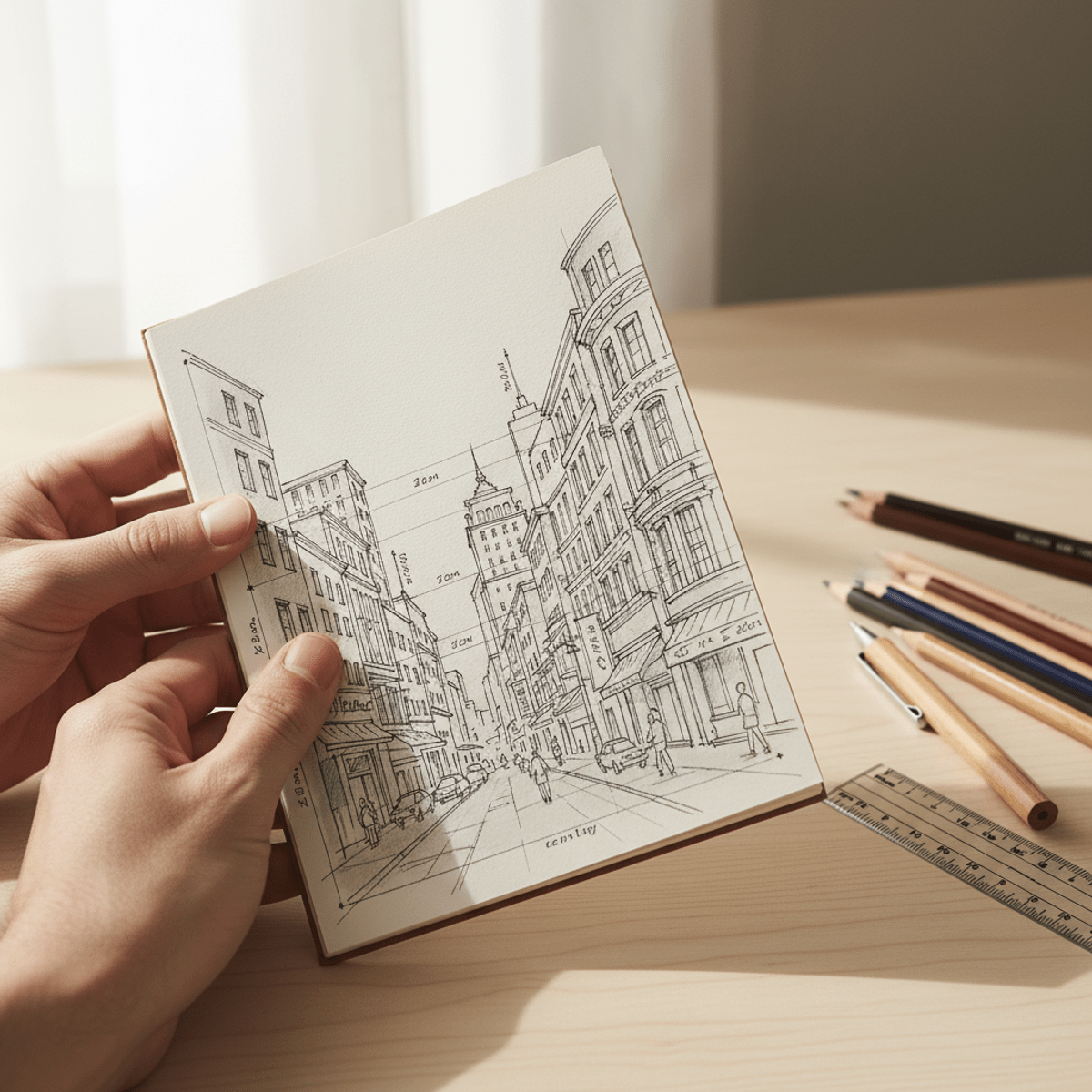 Hands holding a coloring book with an urban sketch and drafting lines.