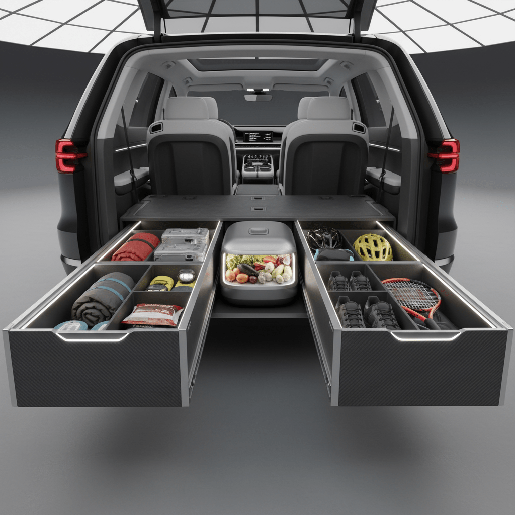 SUV interior with adventure pod storage modules extended, showing organized camping and sports gear.