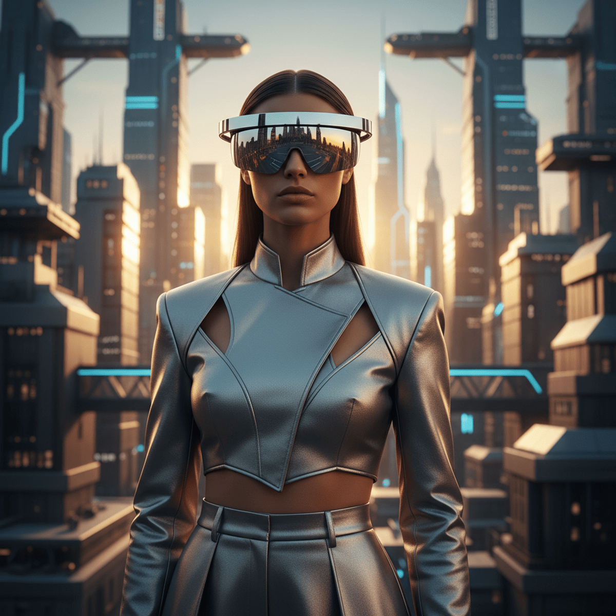 Sci-fi micro-shield sunglasses with angular rimless shapes and chrome lenses.