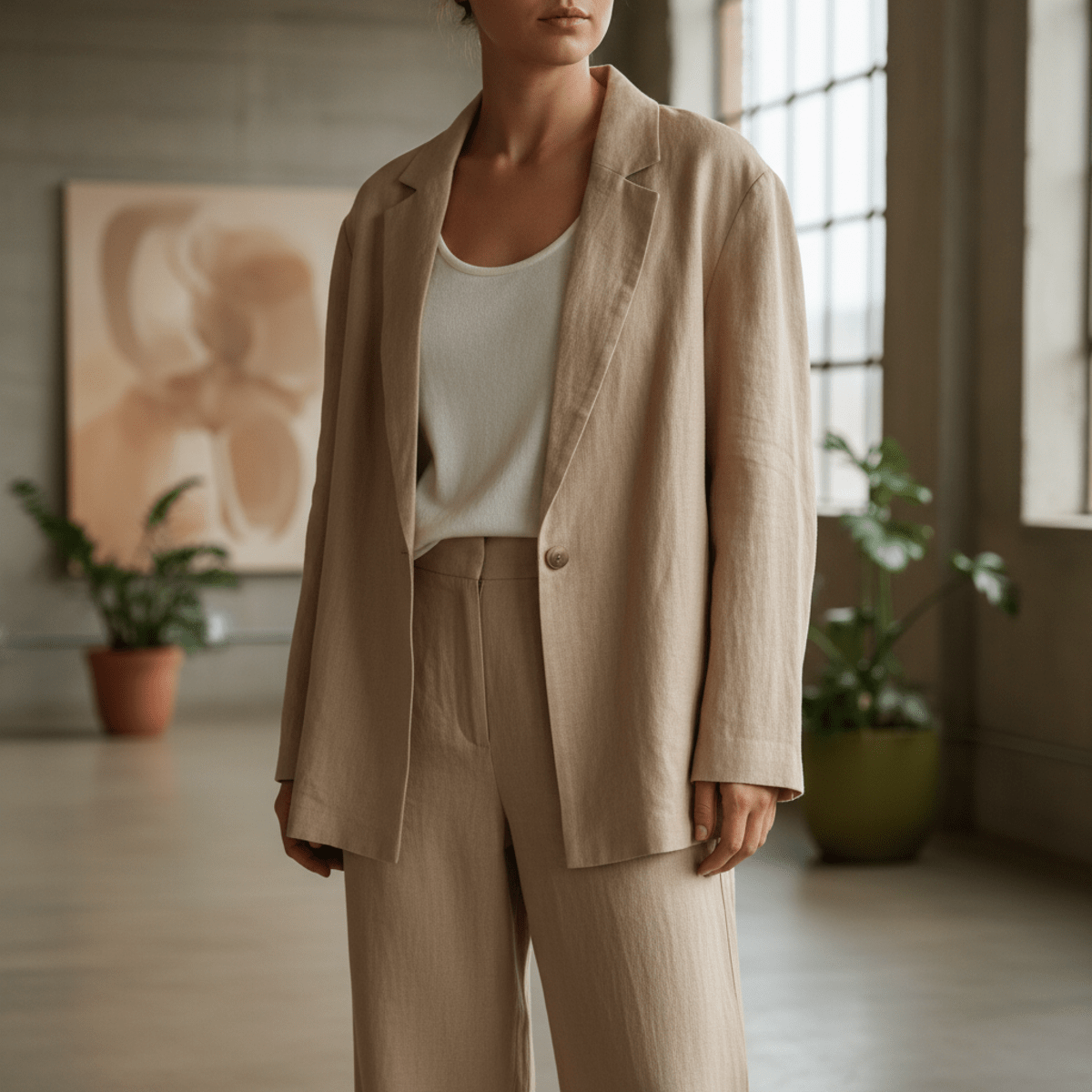 Casual unstructured linen blazer and wide-leg trousers in a soft sand tone.
