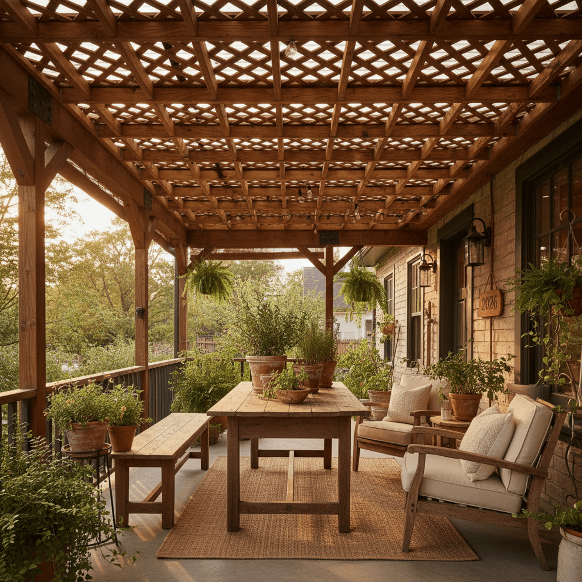 Cozy rustic porch ceiling with natural wood lattice panels and dappled sunlight.