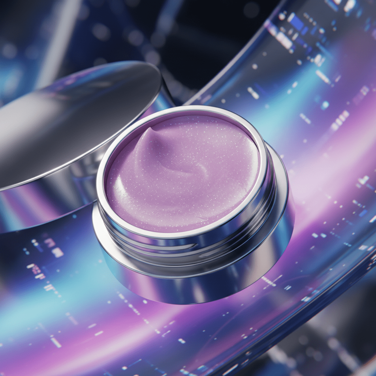 Close-up of open pink lip balm with cool lavender tint and micro-shimmer.