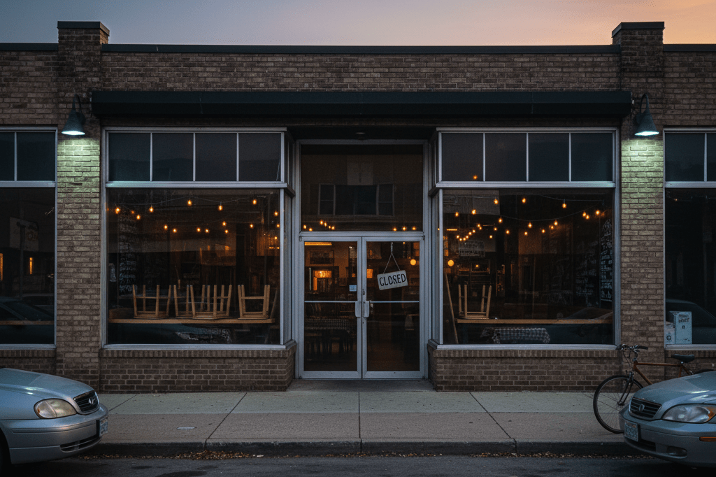 Wide shot of a closed pizza restaurant with ambient lighting, symbolizing financial distress in the foodservice sector