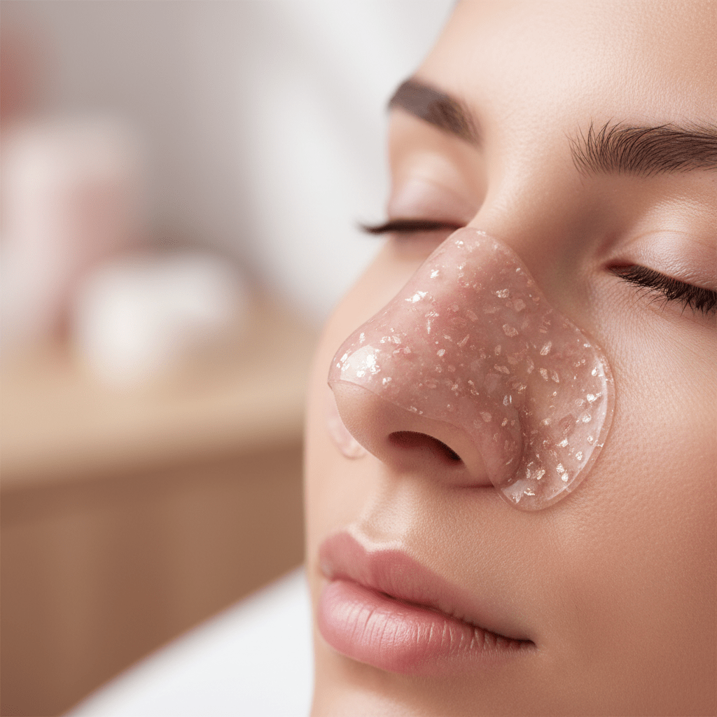 Luxurious jelly nose strip with rose quartz crystals applied on a nose.