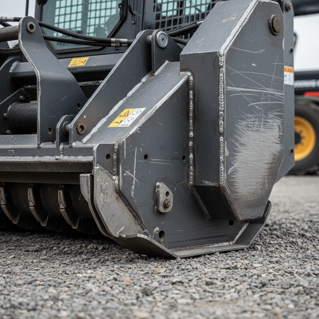 Close-up of heavy-duty mulcher attachment with abrasion-resistant steel texture on gravel.