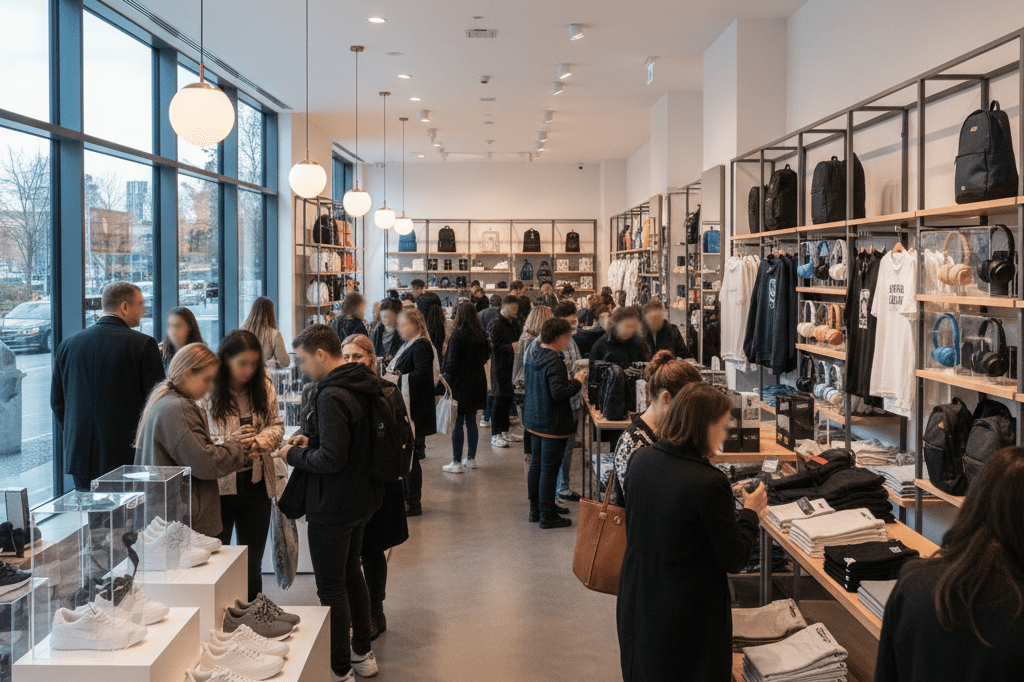 Vibrant retail space filled with customers exploring lifestyle products and fashion items under warm natural lighting