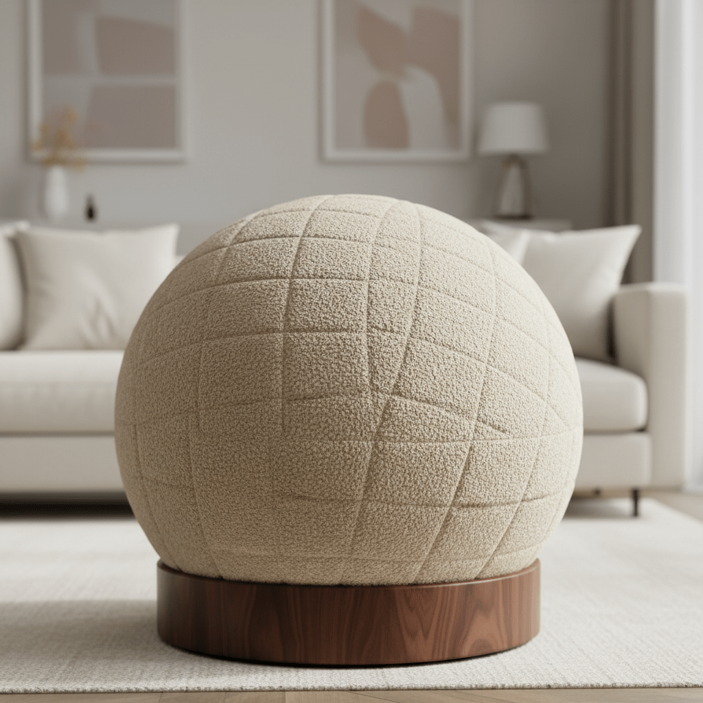 Luxurious boucle upholstered balance ball chair with walnut base in modern living room.