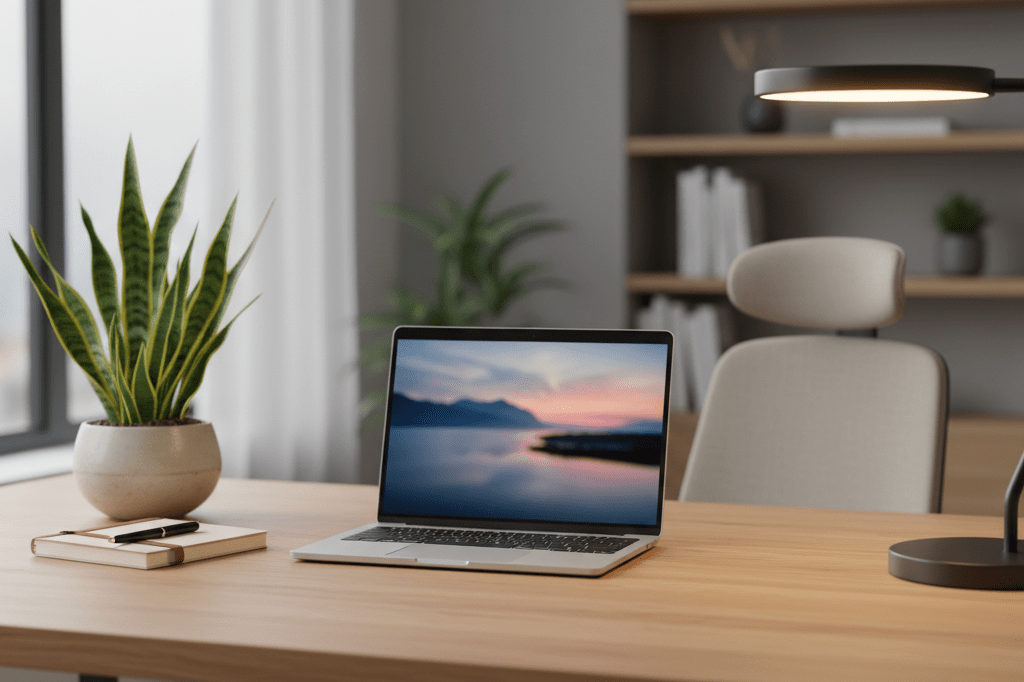Office desk setup with laptop, plant, and notebook under warm natural and ambient light symbolizing workplace wellness initiatives