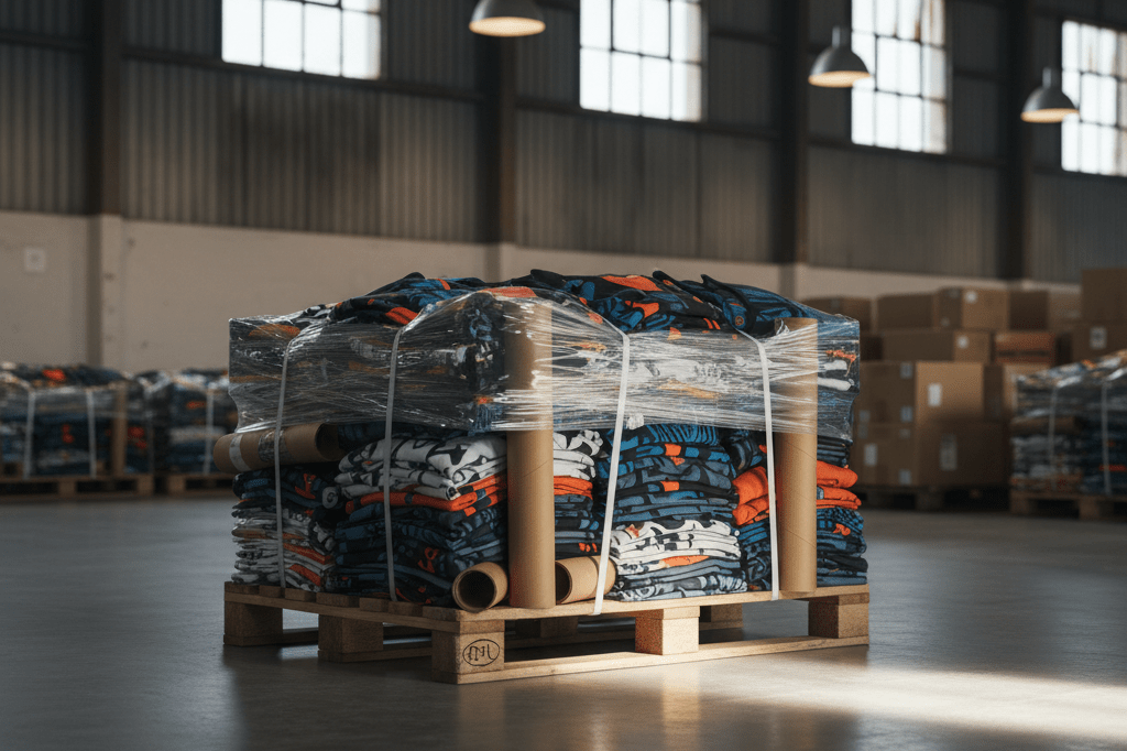 Pile of generic concert t-shirts and posters on a pallet in a warehouse under natural light