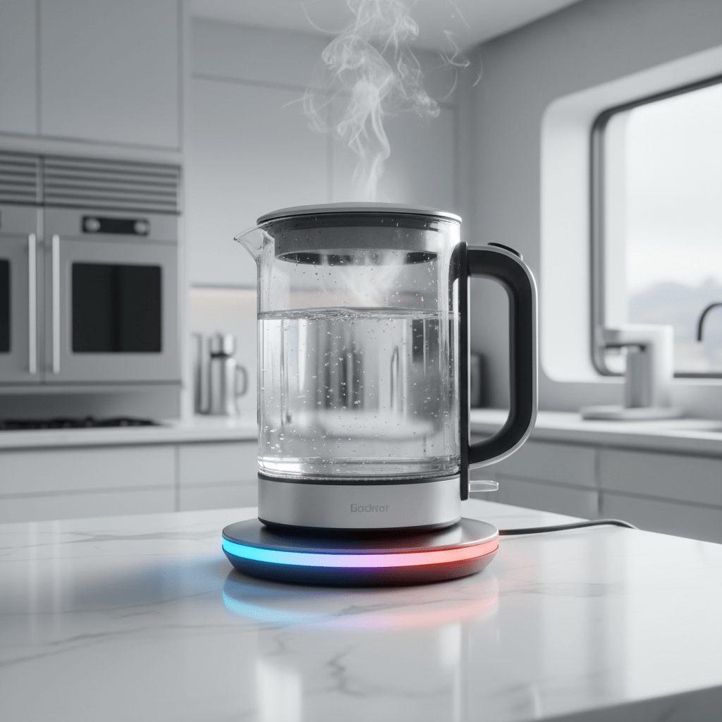 Transparent glass tea kettle with a smart base and shifting LED light.