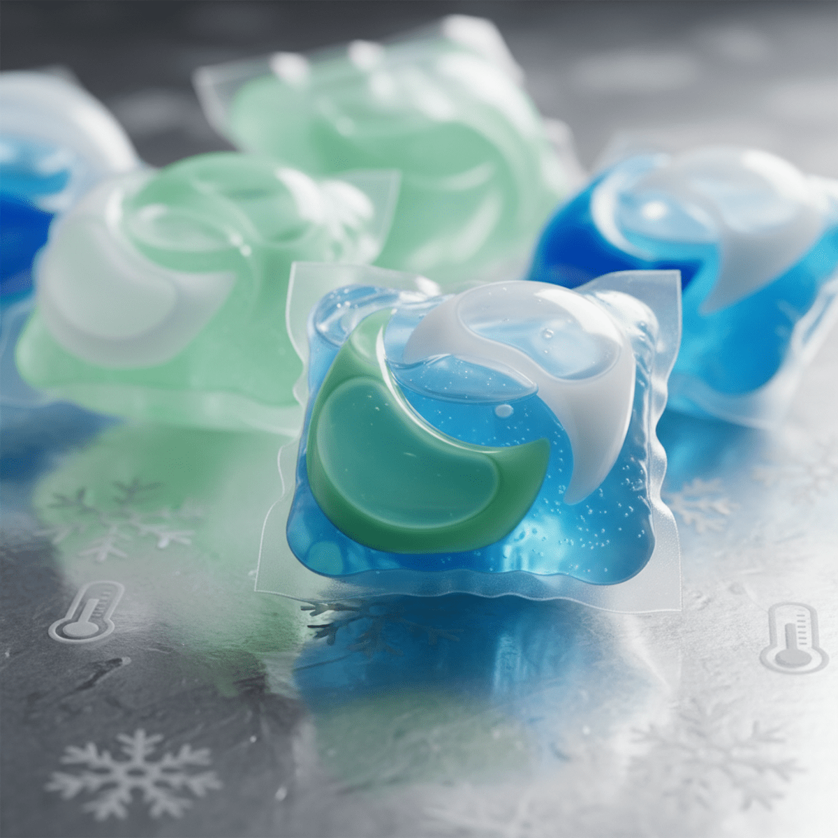 Close-up of translucent laundry detergent pods filled with shimmering liquid in blue, green, and white.
