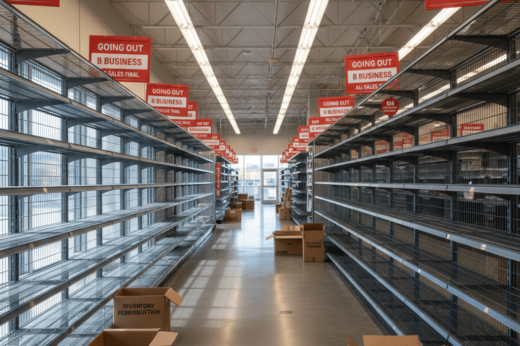 Quiet retail store aisle with empty shelves, clearance signs, and packing boxes under natural light