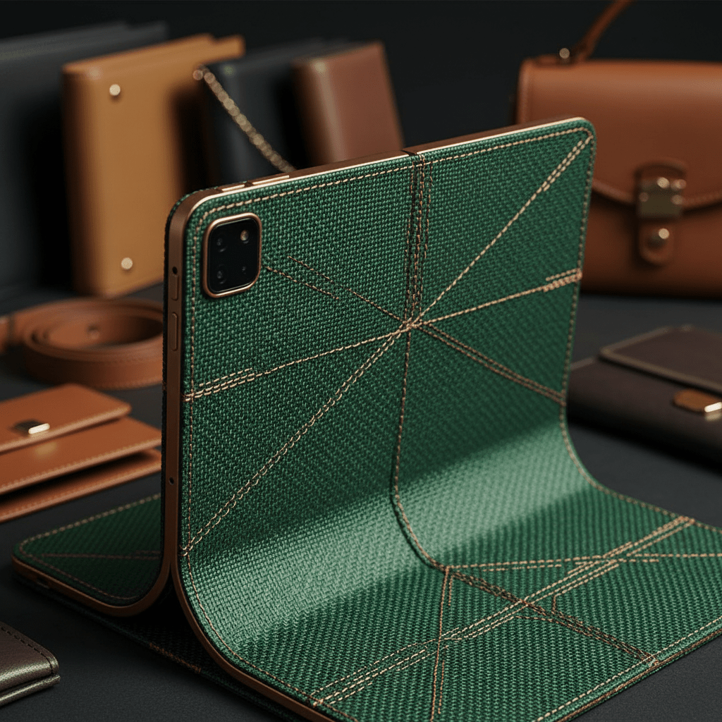 Foldable tablet with precision-woven carbon fiber, deep forest green, and bronze accents.