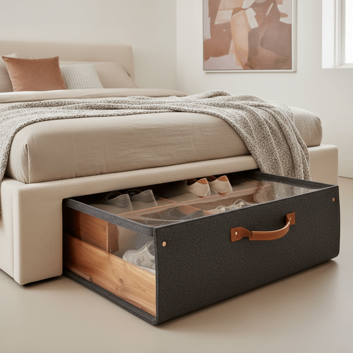 Charcoal grey wool felt under-bed shoe organizer with leather handles, showing shoes.