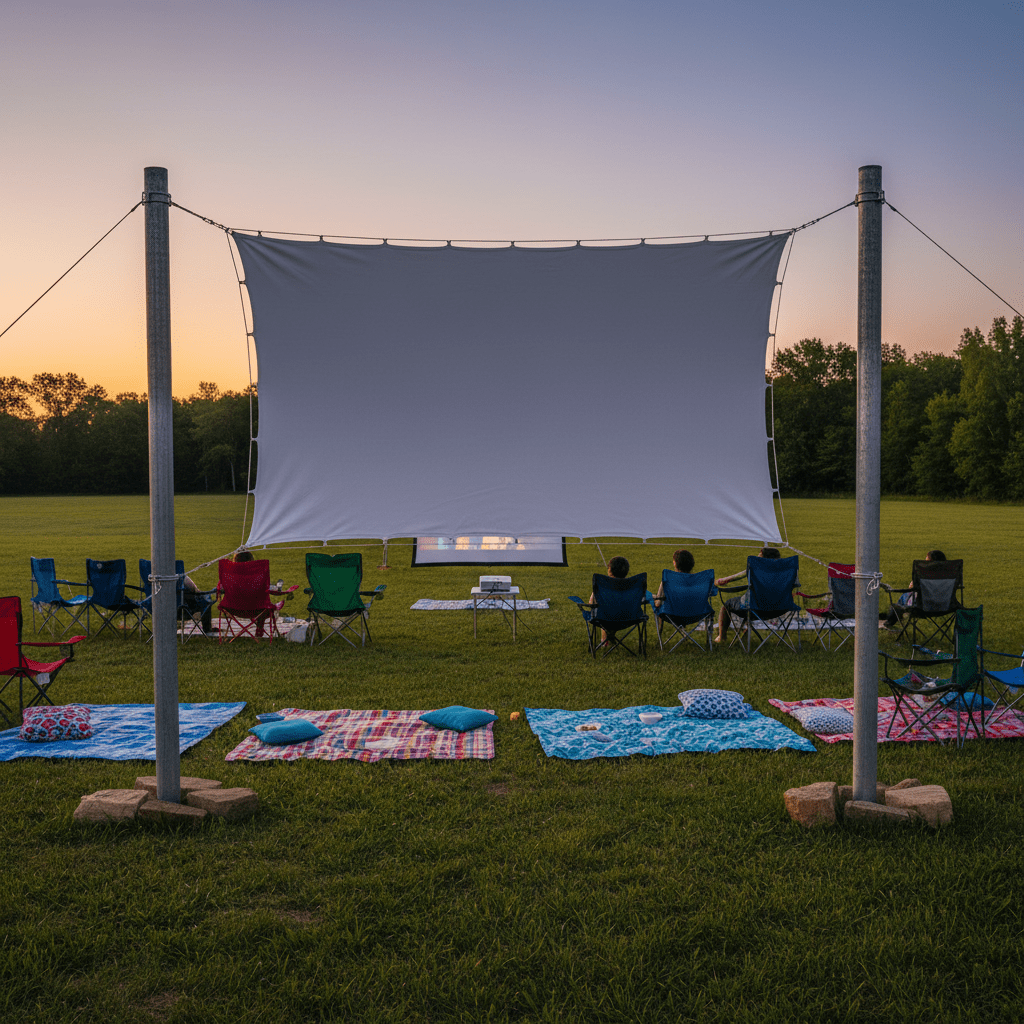 DIY outdoor cinema with t-posts and projection screen under twilight sky.