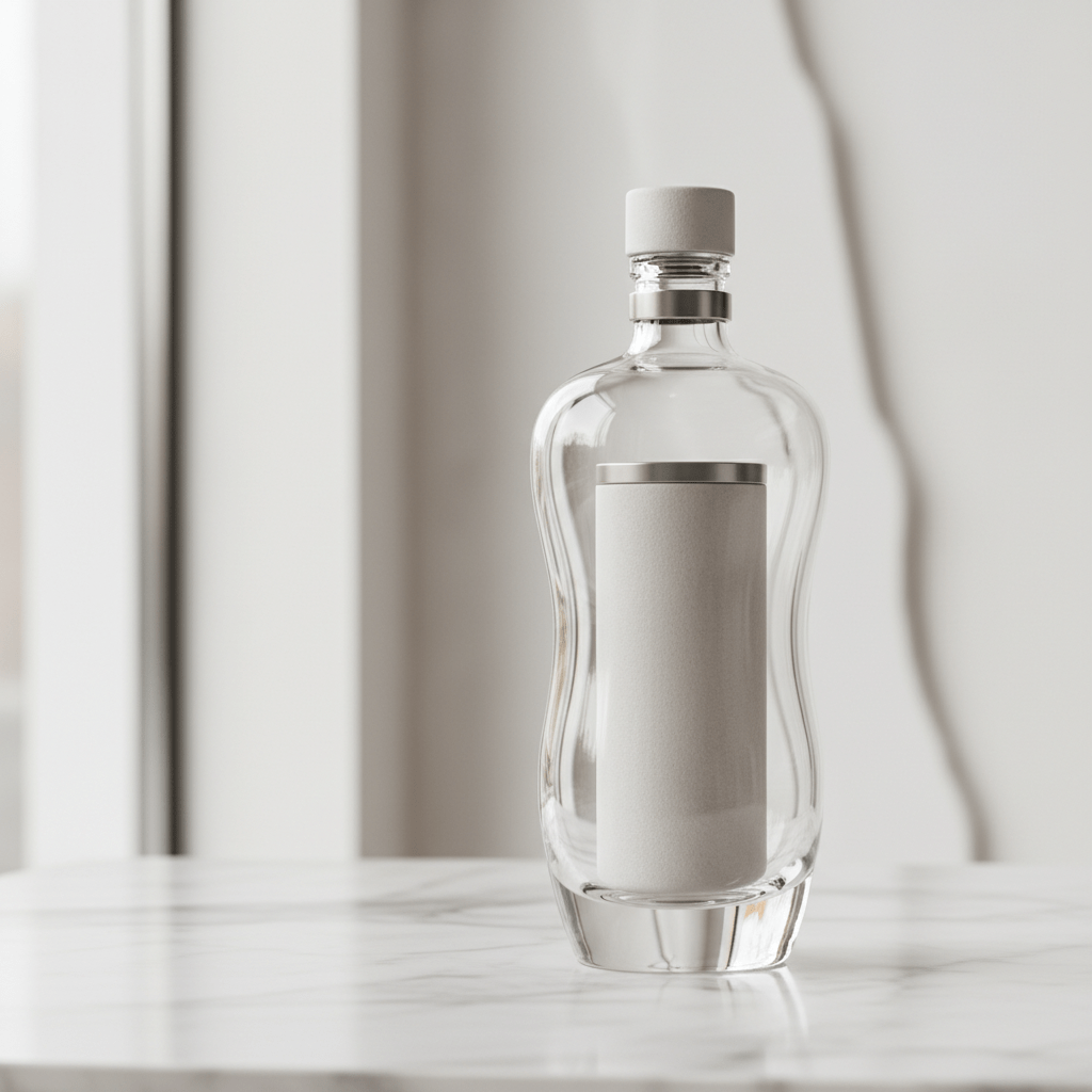 Modular vodka system with crystal glass mother vessel and biodegradable refill cartridge.