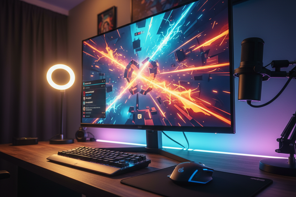 Monitor showing gameplay, streaming gear, and glowing chat overlay under ambient lighting, highlighting livestream promotion dynamics