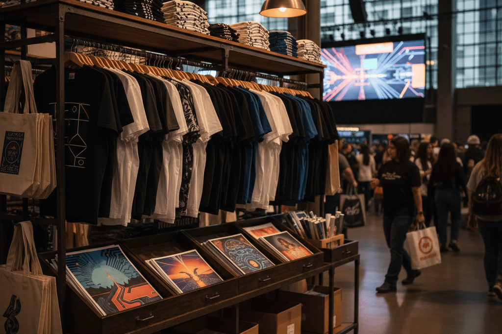 Generic concert merchandise booth with t-shirts and posters under warm ambient lighting, symbolizing successful event retail