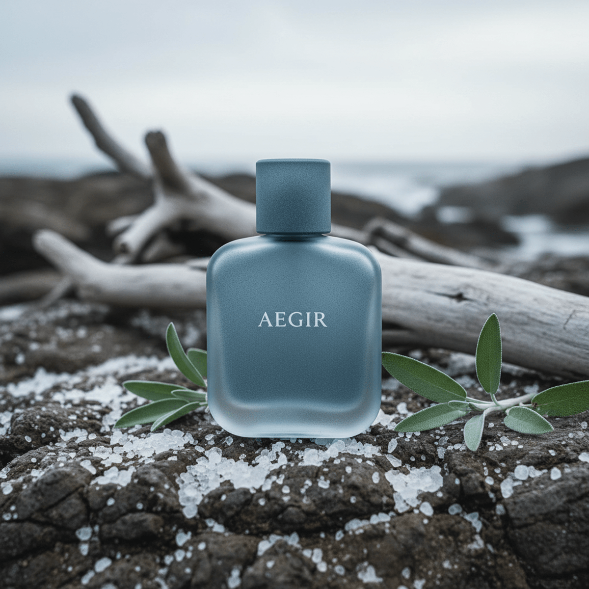 Frosted blue-grey cologne bottle on coastal rocks with sea salt and sage.