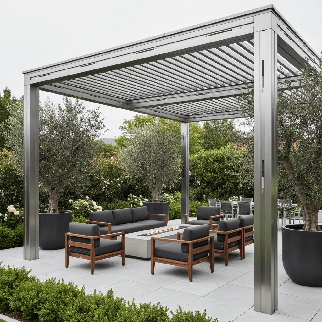 Sleek modern pergola with integrated bug zapper technology. Luxury modern pergola with integrated bug zappers and sleek metallic channels.