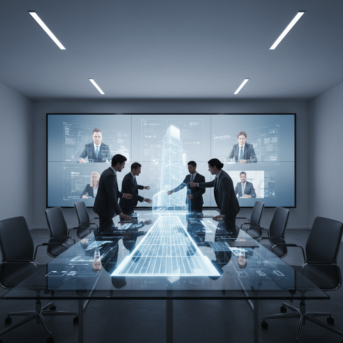 Futuristic boardroom with large display showing participants and architectural blueprints.