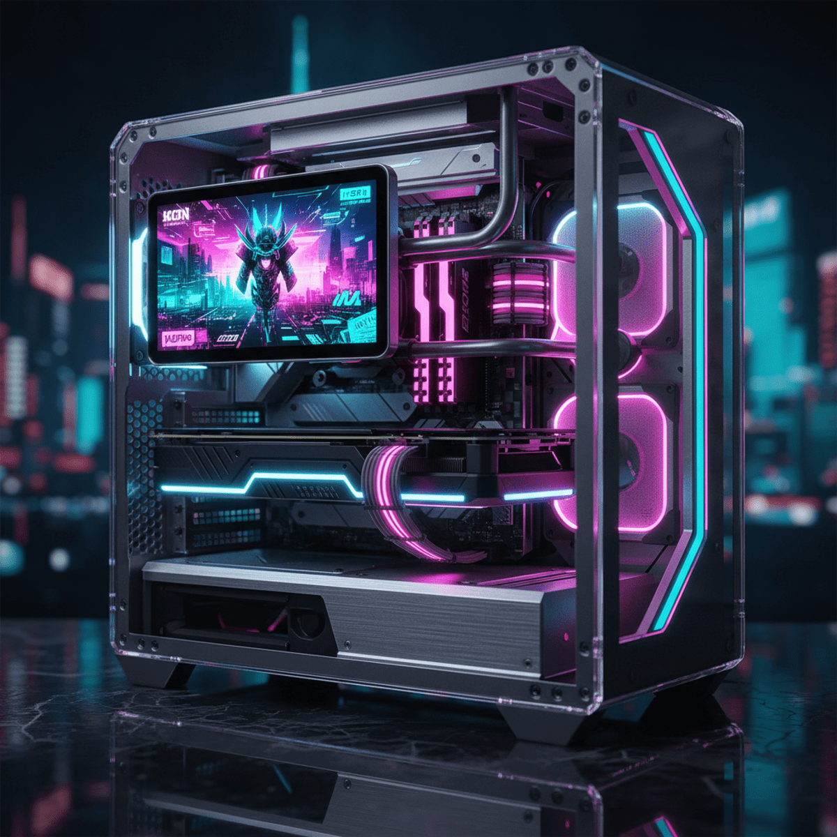 Futuristic CPU cooler with cyberpunk screen in a neon-lit custom PC build.