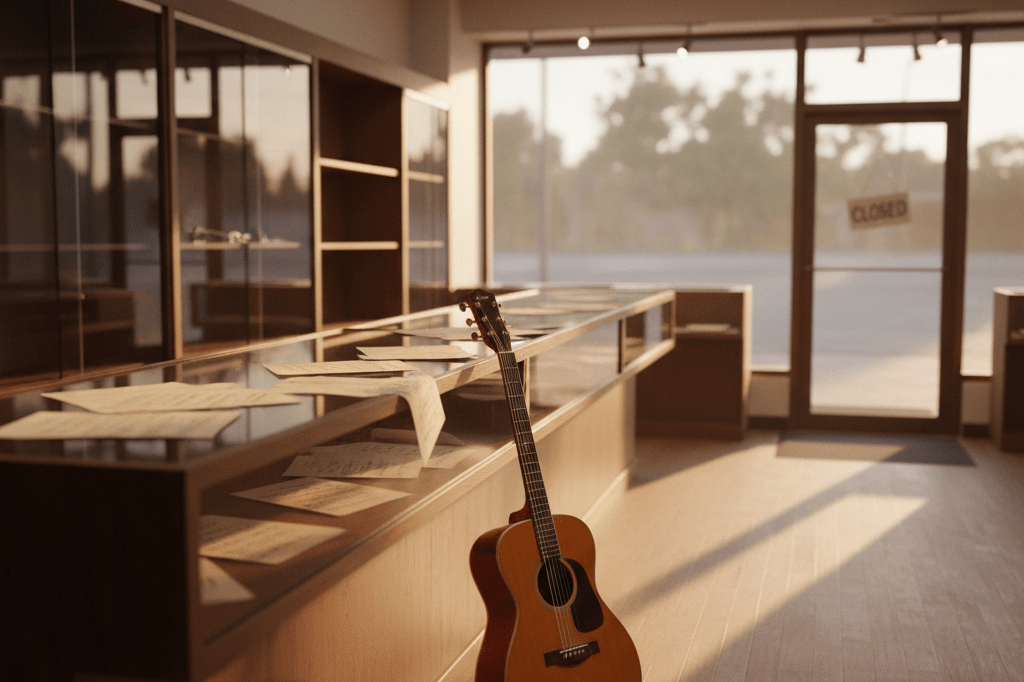 Sunlit medium shot of an empty music store with vintage guitar on stand, scattered sheet music, and closed sign—symbolizing physical retail closure amid digital shift