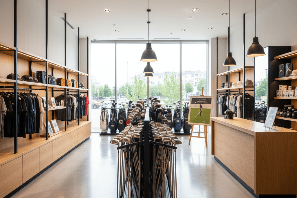 Wide shot of a golf retail store featuring premium clubs and accessories under natural light, highlighting tournament-driven sales opportunities