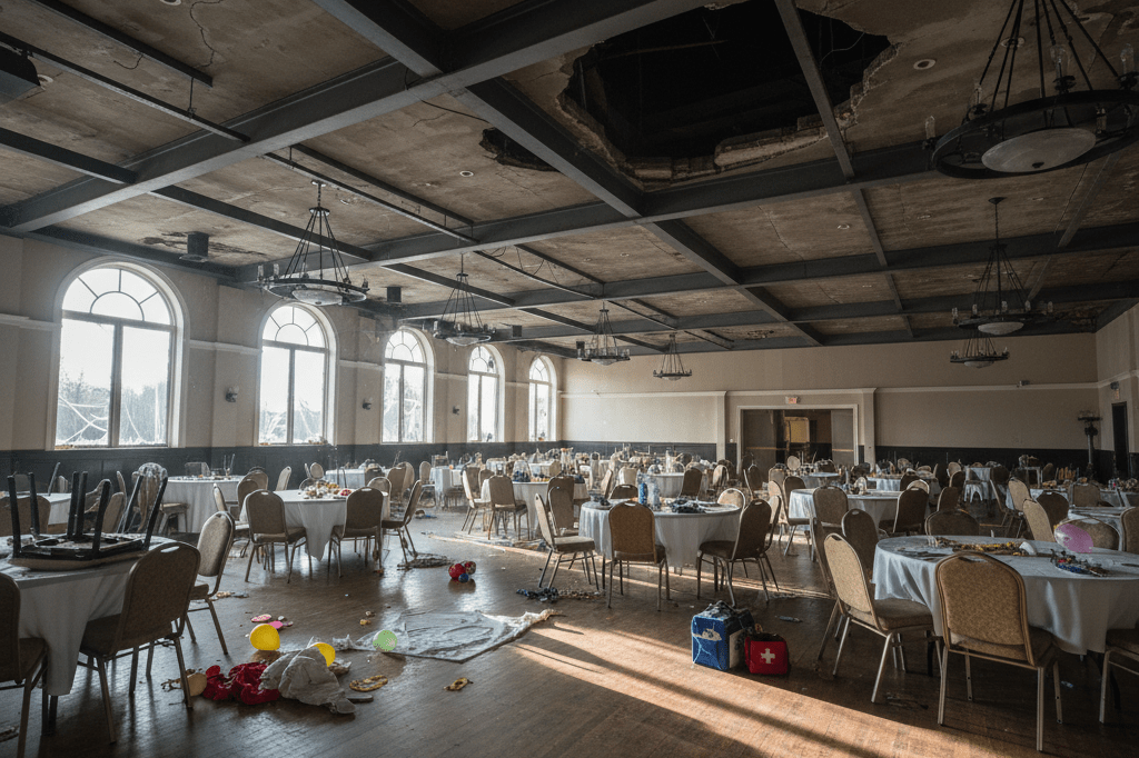 Wide shot of an abandoned event venue with scattered items and noticeable structural damage under ambient lighting