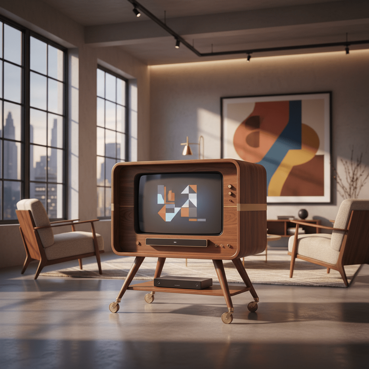 Sleek portable TV in a modern loft with a solid walnut frame and brass casters.
