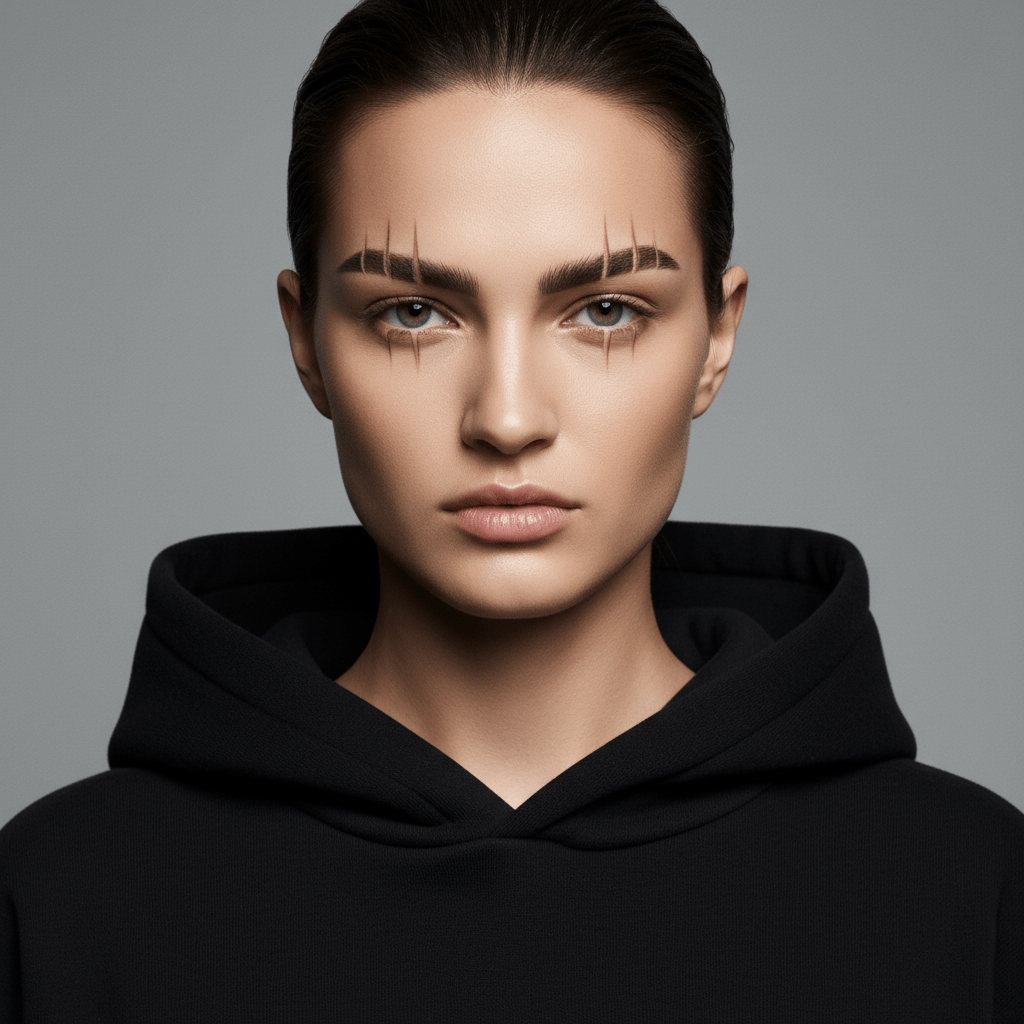 Close-up of a model's face with geometric negative space in bold vertical eyebrow slits.