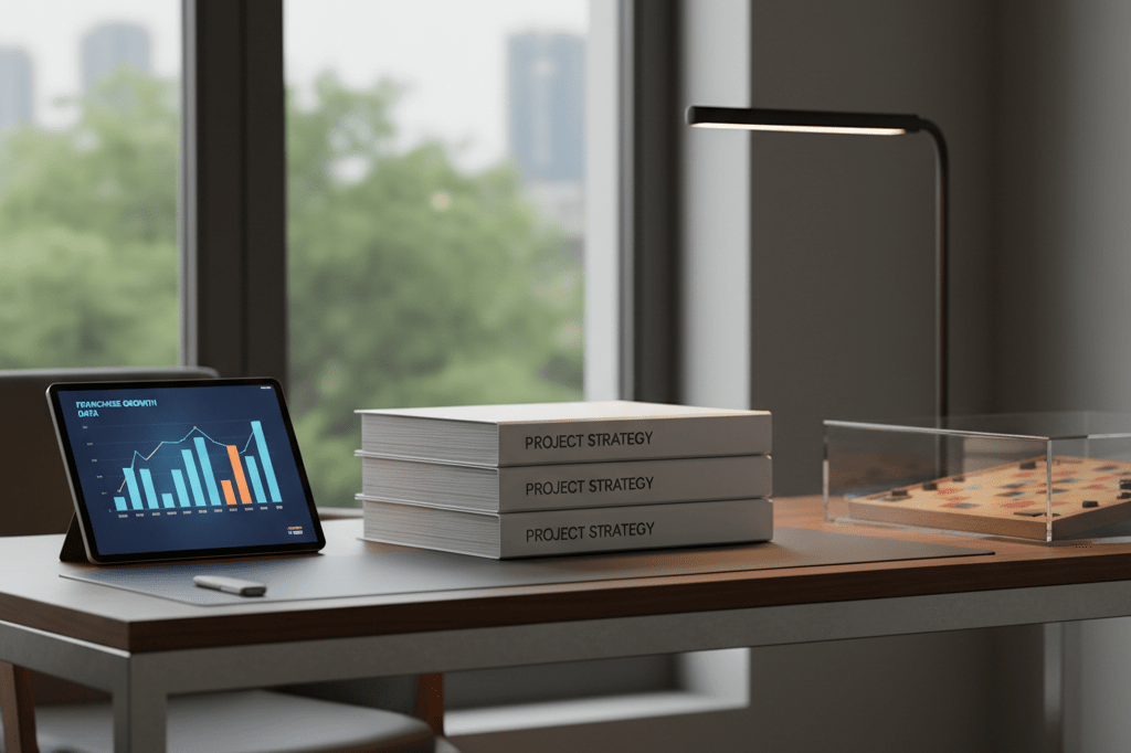 Office desk with strategy binders, data tablet, and vintage game board under natural light