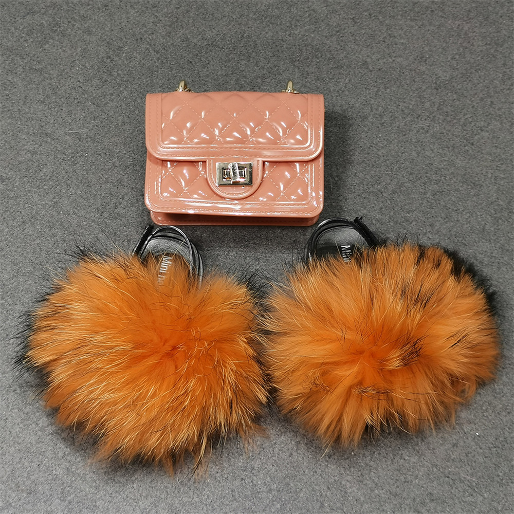 Factory Wholesale Mixed Colors Fashionable Real Fox Fur Slippers Baby Jelly Bag Set Raccoon Fur Cute Kid Fur Slides