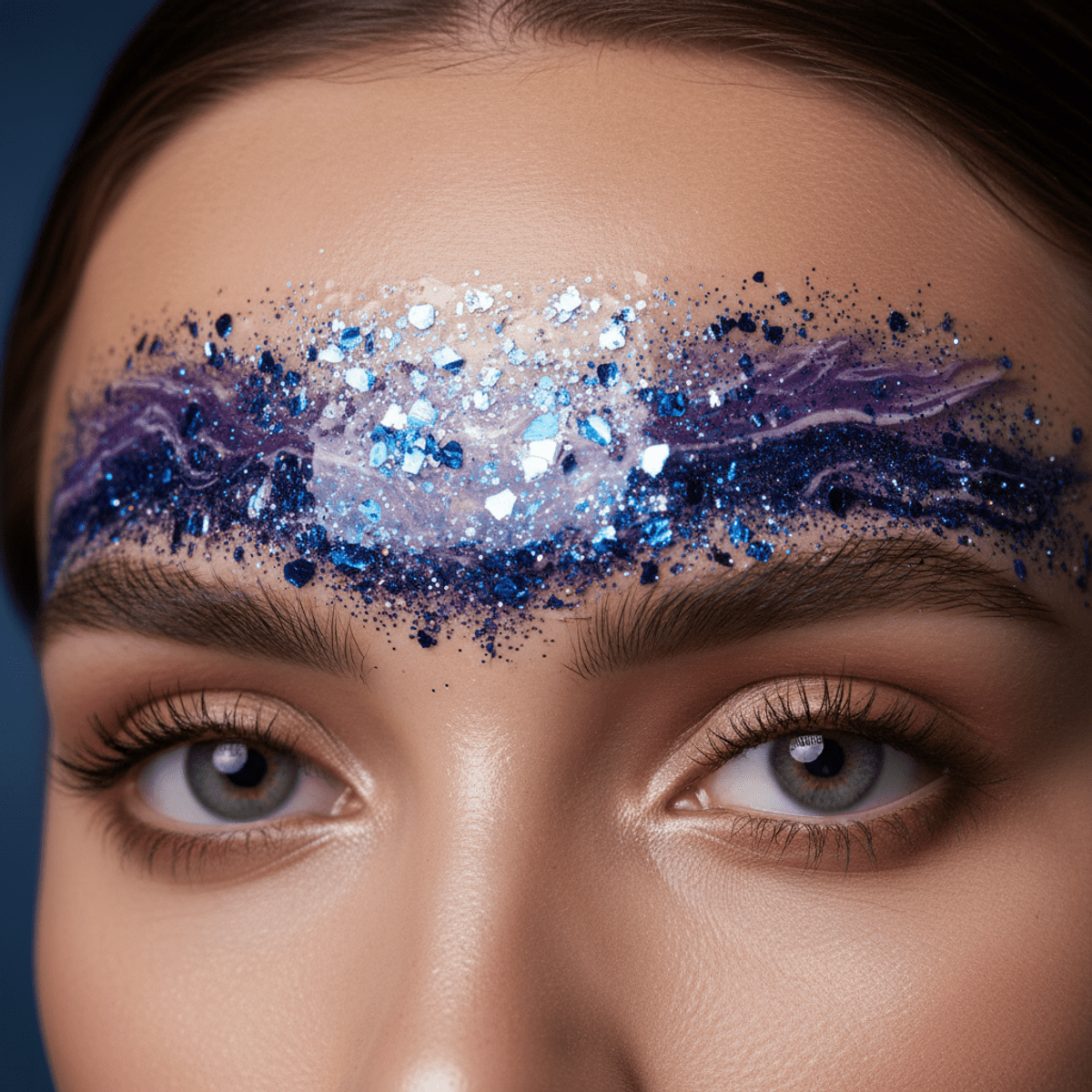 Unibrow transformed into a galaxy bridge with cosmic glitter and nebulae textures.