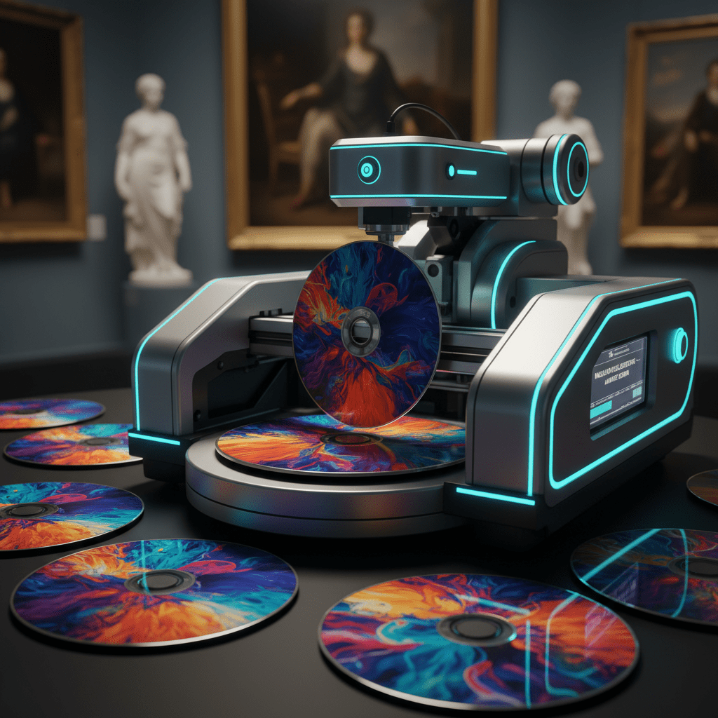High-tech CD printer creating vivid, full-color artwork on souvenir discs.