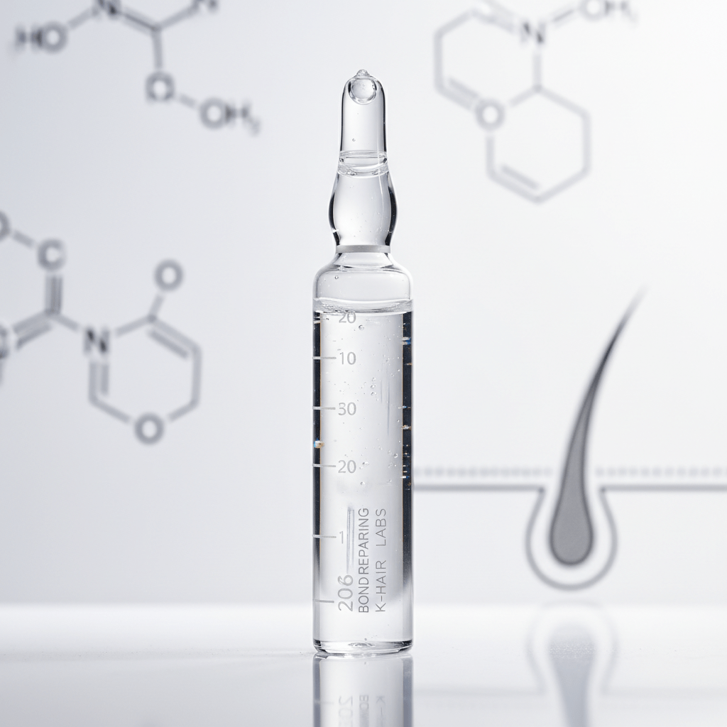 Single-use bond-repairing hair ampoule vial Close-up of a clear bond-repairing hair ampoule vial with subtle iridescent liquid.