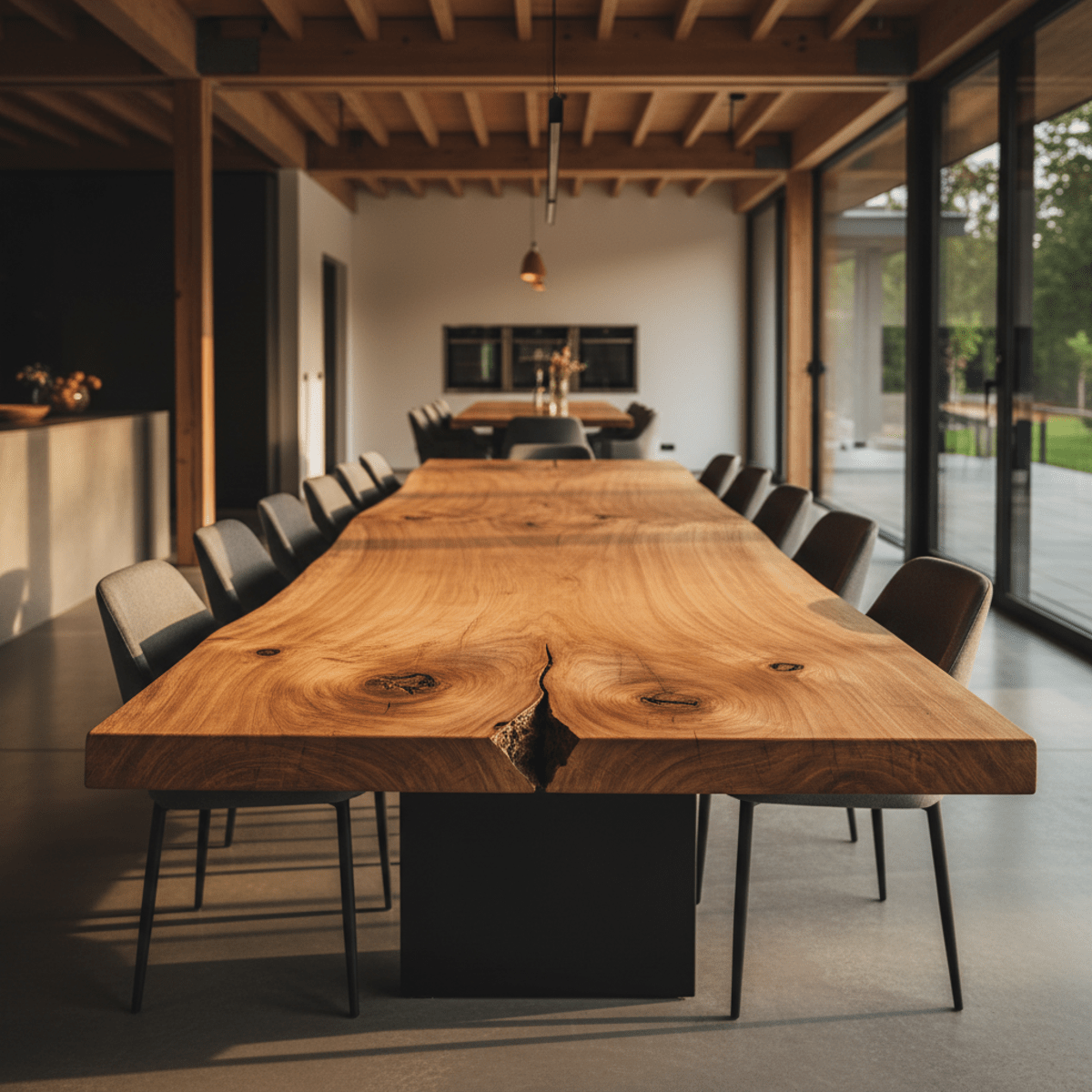 Live edge oak dining table with minimalist steel base. Monolithic oak dining table with rugged live edge and organic grooves.
