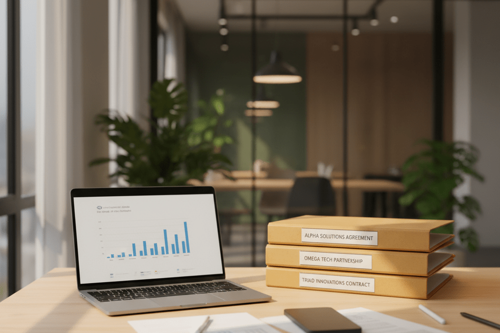 Desk with laptop, vendor contracts, and smartphone under natural light symbolizing collaborative vendor dynamics