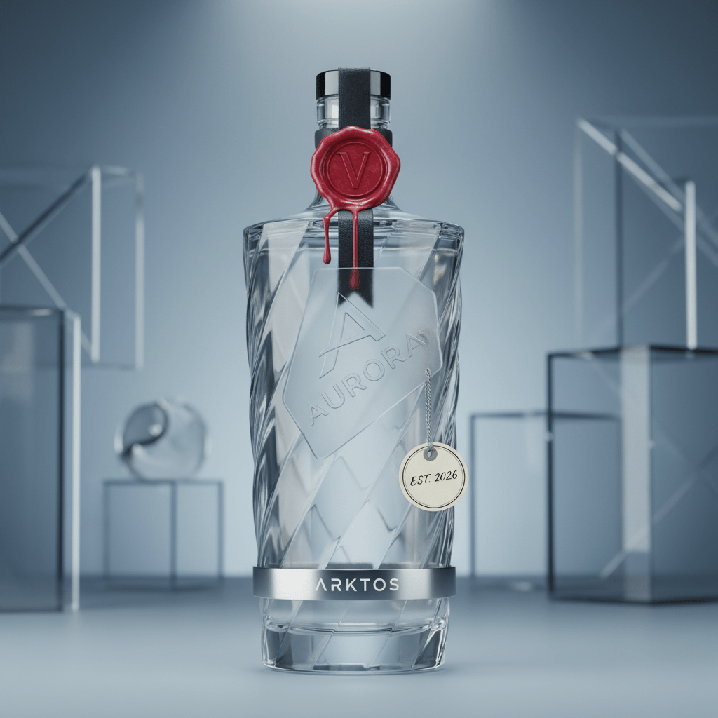 Luxurious vodka bottle with intricate label and wax seal in modern studio lighting.