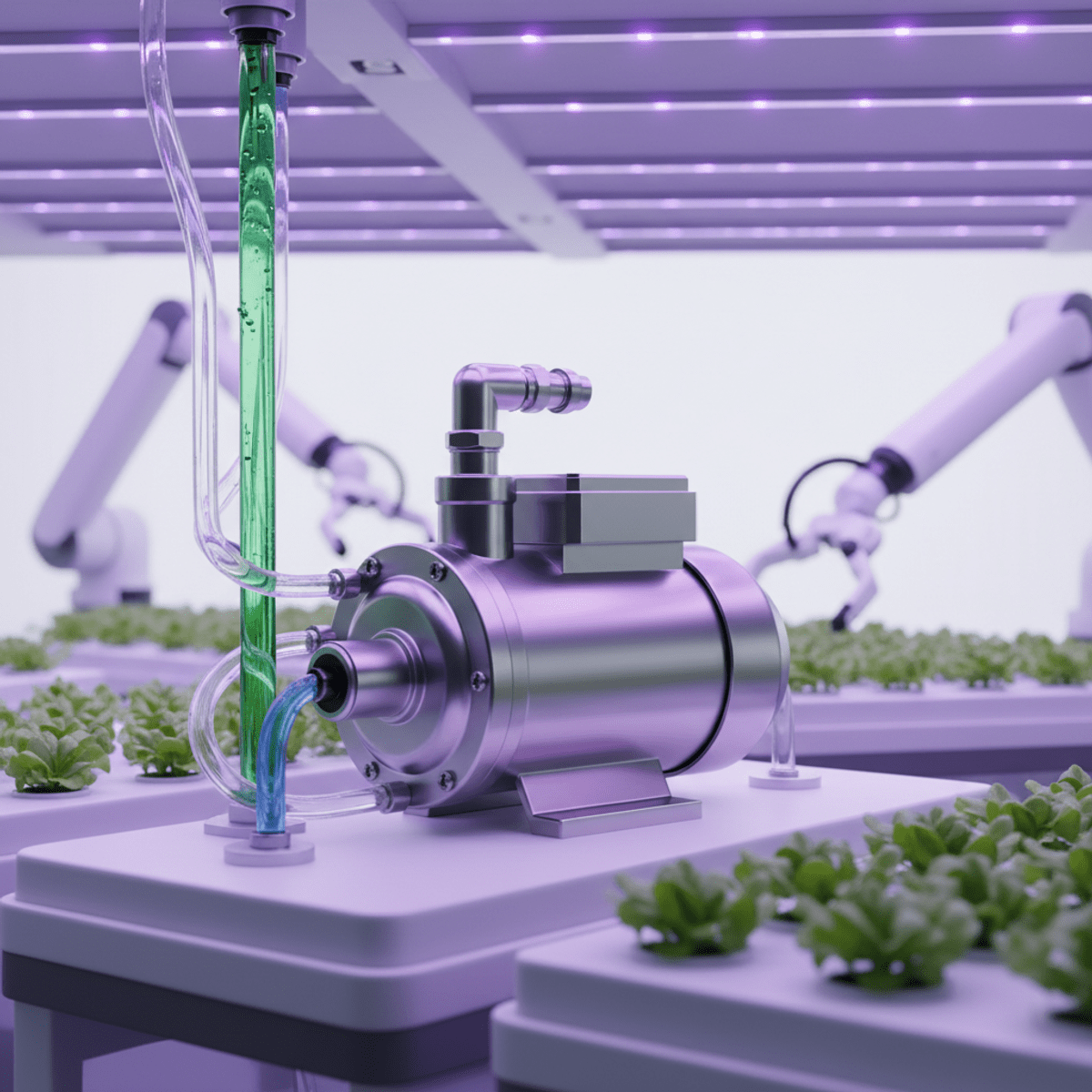 Automated hydroponic system with sanitary electric oil pump Sanitary electric oil pump in a futuristic automated vertical farm hydroponic system.