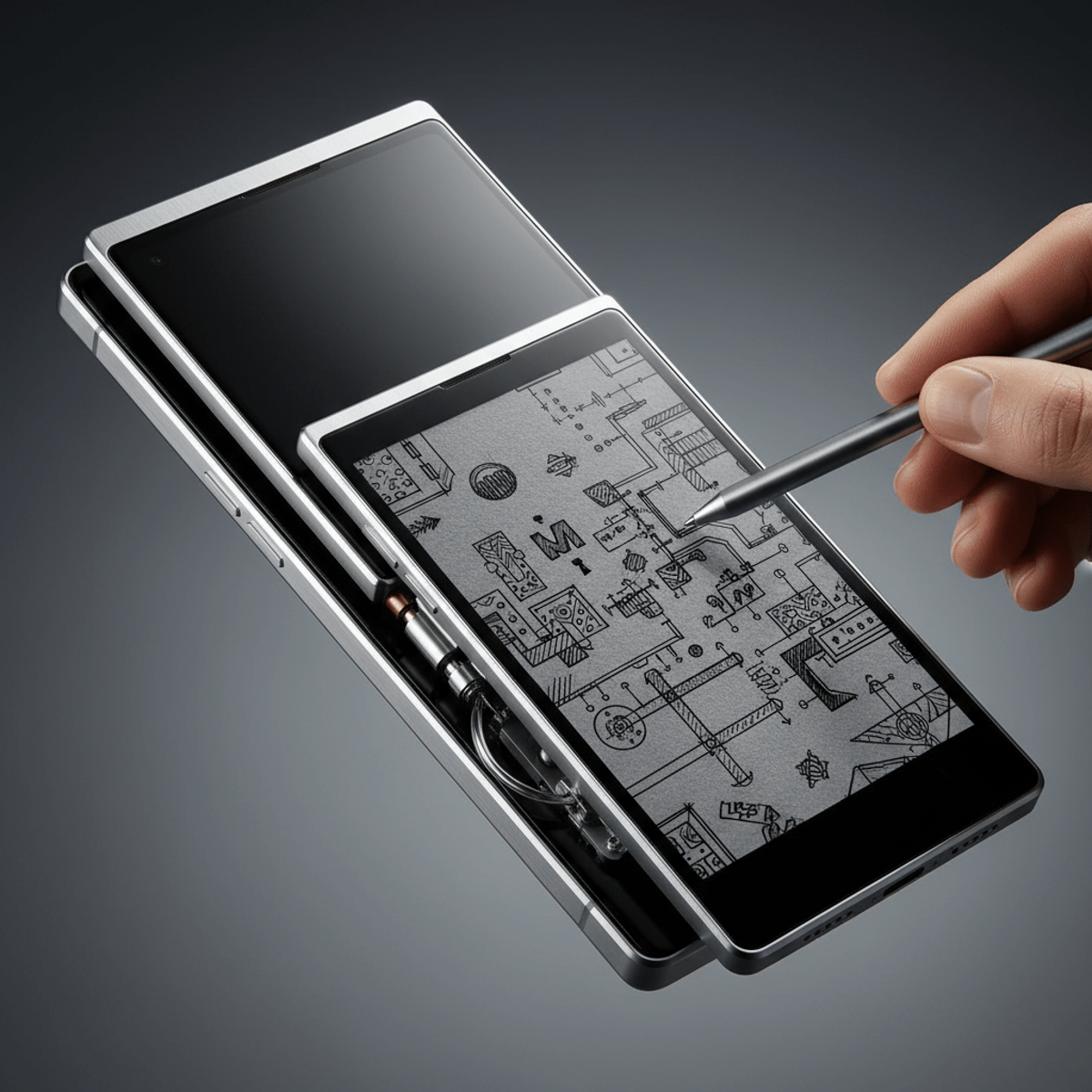 Phone mid-motion revealing E-Ink screen with stylus on sketches.