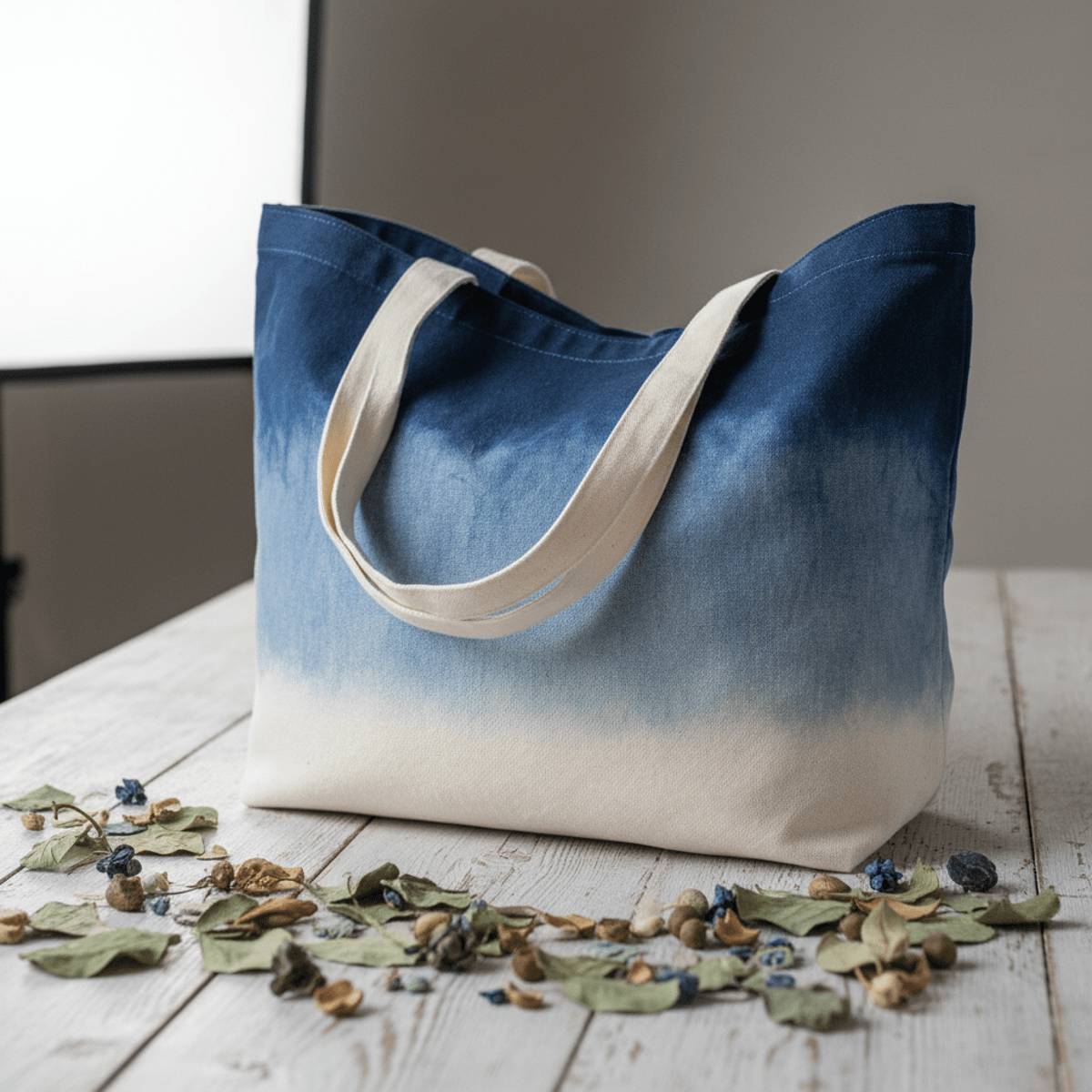 Hand-crafted canvas bag with indigo ombré gradient on a wooden table.