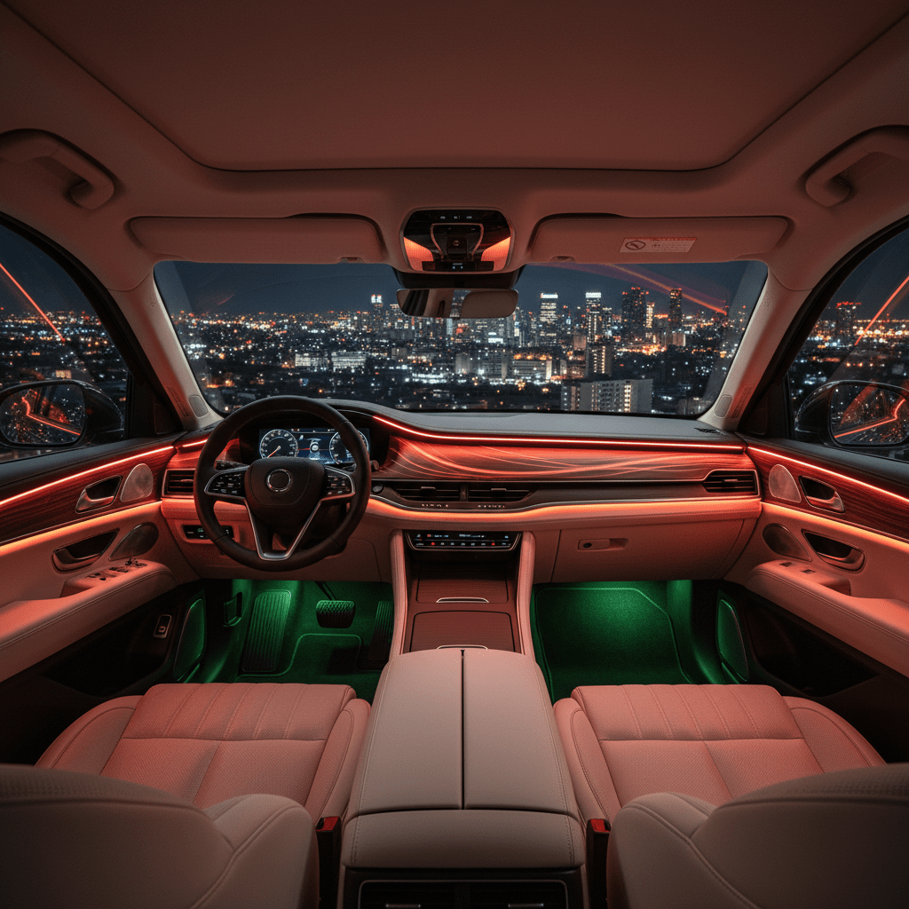 Futuristic SUV interior with vibrant ambient lighting Seven-seater SUV interior with vibrant ambient lighting and city skyline view.