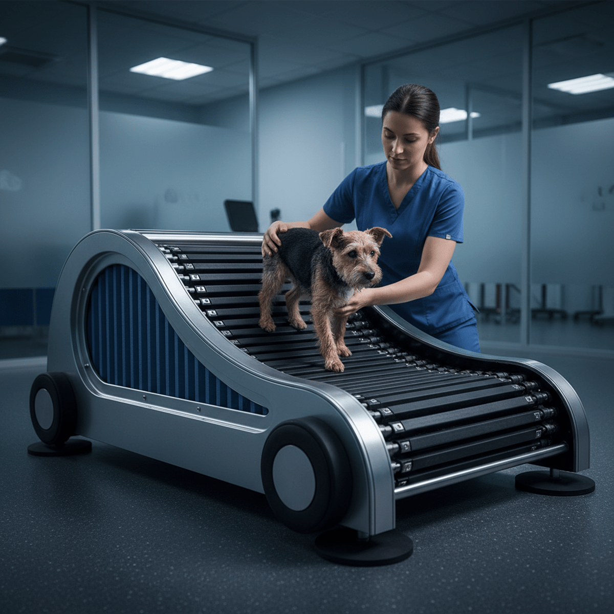 Nervous terrier gently guided on futuristic dog slatmill in veterinary rehab center.