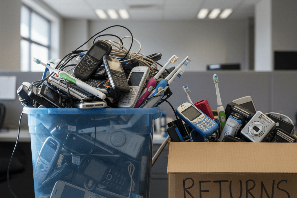Office recycling bin full of old phones and devices with hidden batteries under natural light