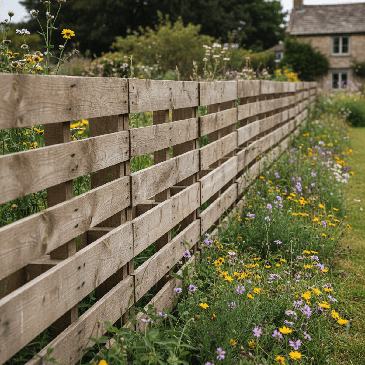 Weathered wooden pallet fence with rustic texture borders a cottage garden.