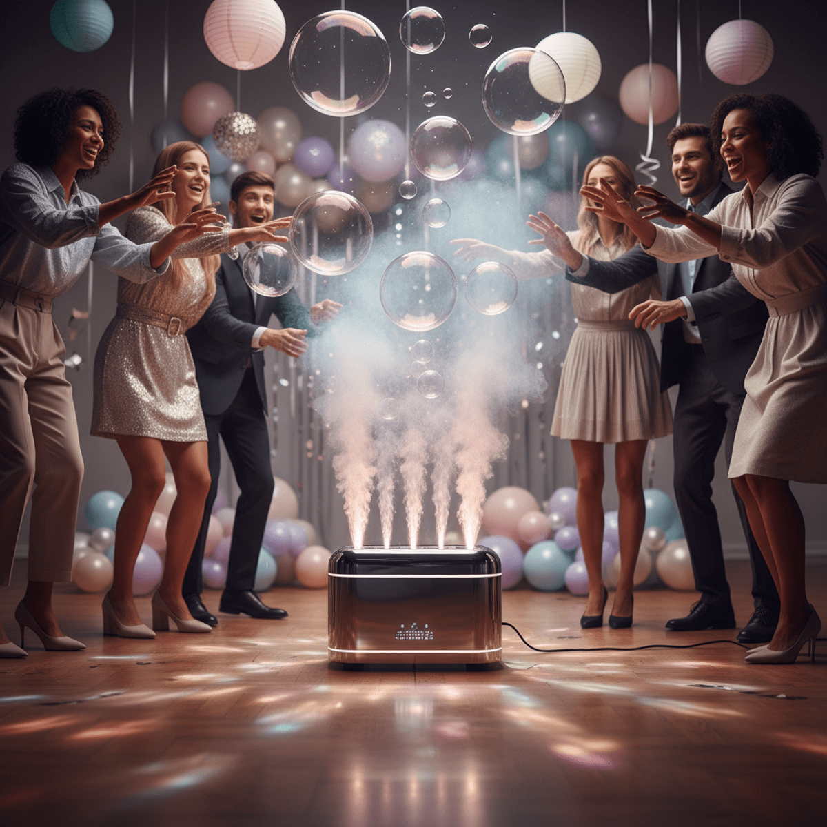 Guests enjoy a futuristic indoor party with glowing pink-lit bubbles and colored fog.