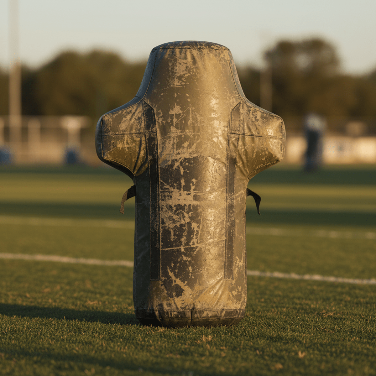 Recycled polymer football tackle dummy on grass field in golden hour light.